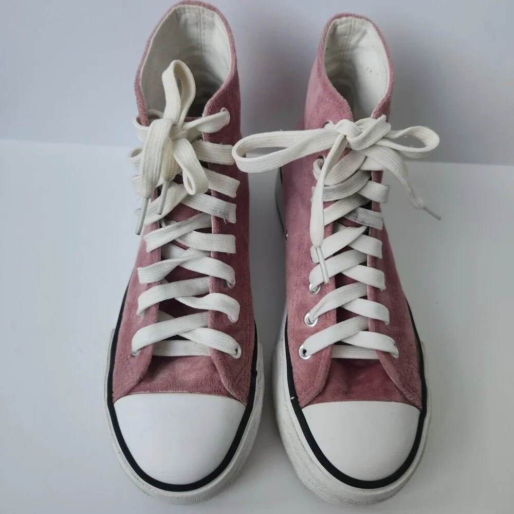 Dusty Pink Velvet Platform High Top Sneakers Chunky Summer Feminine Casual Cute - Picture 2 of 8